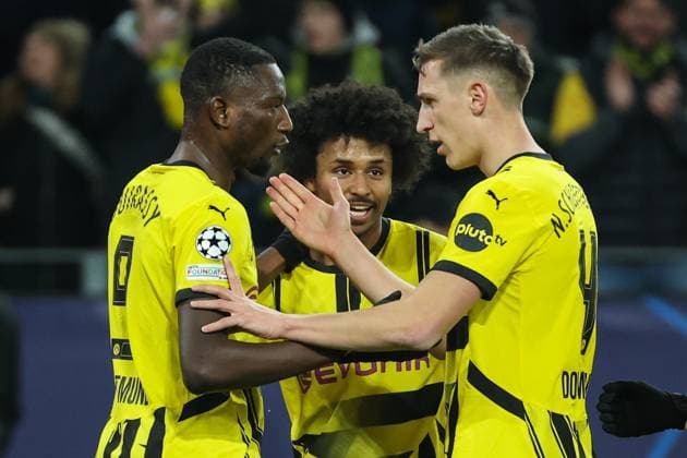 UEFA Champions League Borussia Dortmund Shakhtar Donetsk on 29 01 2025 at Signal Iduna Park in Dortmund Cheering, goal celebration, goal scorer Serhou Guirassy Dortmund 9 celebrates with the team after his goal for 1 to 0, here with Karim Adeyemi Dortmund 27 and Nico Schlotterbeck Dortmund 4 MH