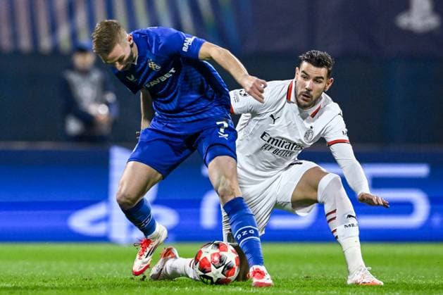 GNK Dinamo v AC Milan - UEFA Champions League 2024 25 League Phase MD8 Luka Stojkovic of Dinamo Zagreb competes for the ball with Theo Hernandez of AC Milan during the UEFA Champions League 2024 25 League Phase MD8 match between GNK Dinamo and AC Milan at Maksimir Stadium on January 29, 2025. in Zagreb, Croatia.  MarkoxLukunic PIXSELL