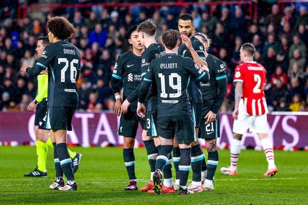 EINDHOVEN, 29-01-2025, Philips Stadium, UEFA Champions League season 2024 25, match between PSV and Liverpool, Liverpool FC player Cody Gakpo scores the 0-1 PSV - Liverpool  x27612995x Copyright: