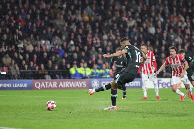 PSV Eindhoven v Liverpool Champions League 29 01 2025. Goal 0-1 Cody Gakpo (18) of Liverpool scores from the penalty spot during the Champions League match between PSV Eindhoven and Liverpool at Philips Stadion, Eindhoven, Netherlands on 29 January 2025. Eindhoven Philips Stadion Endhoven Netherlands Editorial use only , Copyright: xNigelxKeenex PSI-21362-0032