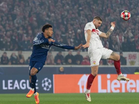 from left in duel Desire Doue Paris Saint Germain, 14 , Jeff Chabot VfB Stuttgart, 24 GER, VfB Stuttgart vs Paris Saint Germain, Football, Men, UEFA Champions League, Matchday 8, Season 2024 2025, 29 01 2025, GER, VfB Stuttgart vs Paris Saint Germain, Football, Men, UEFA Champions League, Matchday 8, Season 2024 2025, 29 01 2025 Stuttgart Copyright: xEibner-Pressefoto WolfgangxFrankx EP_WFK
