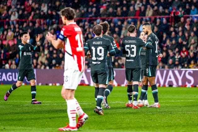 EINDHOVEN, 29-01-2025, Philips Stadium, UEFA Champions League season 2024 25, match between PSV and Liverpool, Liverpool FC player Cody Gakpo scores the 0-1 PSV - Liverpool  x27613074x Copyright: