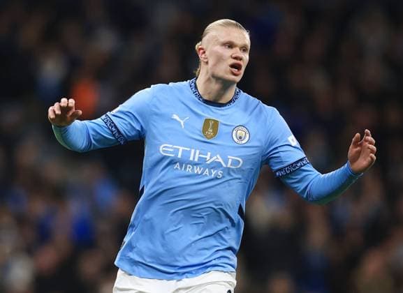 Erling Haaland of Manchester City reacts Manchester City v Club Brugge, UEFA Champions League, Group Stage, Football, Etihad Stadium, Manchester, UK - 29 Jan 2025 EDITORIAL USE ONLY No use with unauthorised audio, video, data, fixture lists, club league logos or live services. Online in-match use limited to 120 images, no video emulation. No use in betting, games or single club league player publications. Copyright: xMattxWest Shutterstockx 15122170ac