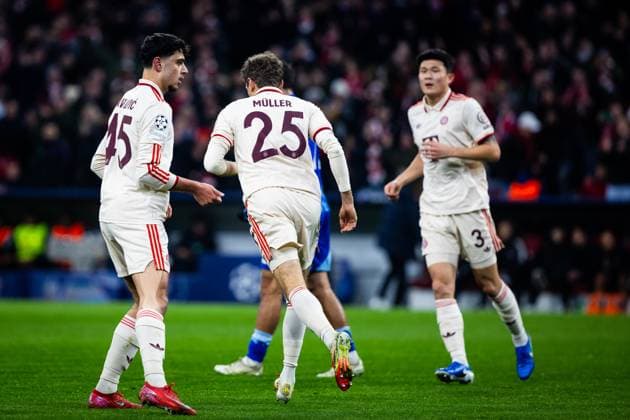 BAYERN MUNICH - SLOVAN BRATISLAVA Aleksandar Pavlovic and Thomas Muller of Bayern during the UEFA Champions League, league stage match between FC Bayern Munich and SK Slovan Bratislava. Munich, Germany, January 29, 2025. Copyright: xx 080A8911