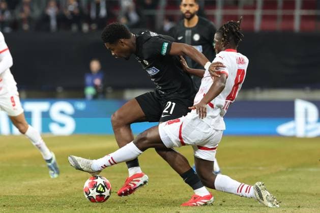 SOCCER - UEFA CL, Sturm vs RB Leipzig KLAGENFURT,AUSTRIA,29.JAN.25 - SOCCER - UEFA Champions League, SK Sturm Graz vs RasenBallsport Leipzig. Image shows Tochi Chukwuani (Sturm) and Amadou Haidara (RB Leipzig).  GEPAxpictures xChrisxBauer