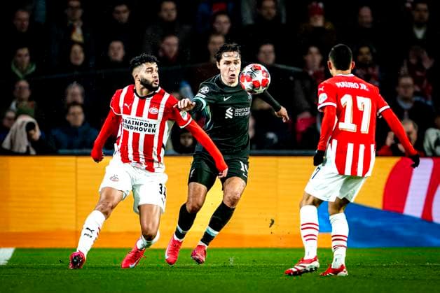 PSV Eindhoven midfielder Ismael saibari, Liverpool FC midfielder Frederico Chiesa during the match PSV Liverpool at the Philips stadium for the Champions League League phase Matchday 8 season 2024 2025 in EINDHOVEN, Netherlands on 29 january 2025, photo by Marcel van Dorst EYE4images DeFodi Images Defodi 746 211604 Defodi-746