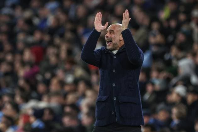UEFA Champions League Matchday 8 of 8 Manchester City v Club Brugge Pep Guardiola manager of Manchester City reacts during the UEFA Champions League Matchday 8 of 8 Manchester City vs Club Brugge at Etihad Stadium, Manchester, United Kingdom, 29th January 2025 (Photo by Mark Cosgrove News Images) Manchester Etihad Stadium Manchester United, ManU Kingdom Copyright: xMarkxCosgrove NewsxImagesx