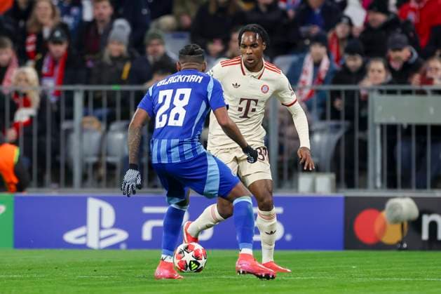 Cesar Blackman SK Slovan Bratislava and Mathys Tel FC Bayern Muenchen battle for the ball, UEFA Champions League 2024 25 League Phase MD8, FC Bayern Munich v SK Slovan Bratislava, Allianz Arena on January 29, 2025 in Munich, Germany Photo by Marco Steinbrenner DeFodi Images Cesar Blackman SK Slovan Bratislava and Mathys Tel FC Bayern Muenchen battle for the ball, UEFA Champions League 2024 25 League Phase MD8, FC Bayern München v SK Slovan Bratislava, Allianz Arena, January 29, 2025 in Munich, Germany Photo by Marco Steinbrenner DeFodi Images Defodi 700 muenchen bratis 20250129 034 Defodi-700