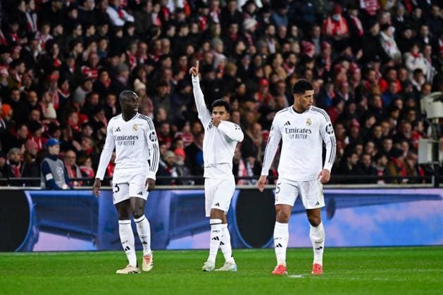 FOOTBALL : Brest vs Real Madrid - Ligue des Champions - 29 01 2025 Rodrygo ( 11 - Real Madrid ) celebrates after scoring during the UEFA Champions League match between Stade Brestois 29 and Real Madrid CF at Stade de Roudourou on January 29 , 2025 in Guingamp, France. ( Photo by Dante Badano PsnewZ ) - GuingampFrance  Copyright: xDantexBadanox