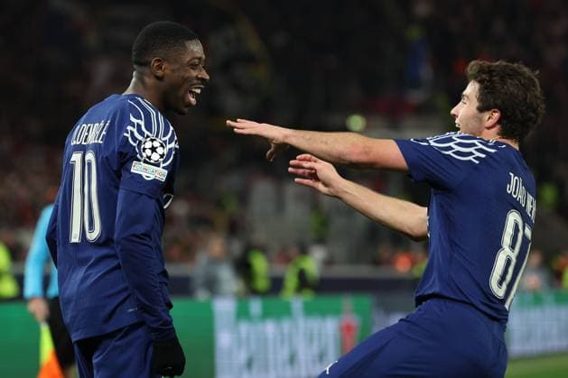 Stuttgart 29 January 2025 Uefa Champions League phase 2024 25 Matchday 8, VFB Stuttgart Paris Saint Germain v l , Ousmane Dembele Paris Saint Germain , Joao Neves Paris Saint Germain , Torjubel, Goal celebration, celebrate the goal zum 0 3 Copyright: JoaquimxFerreira