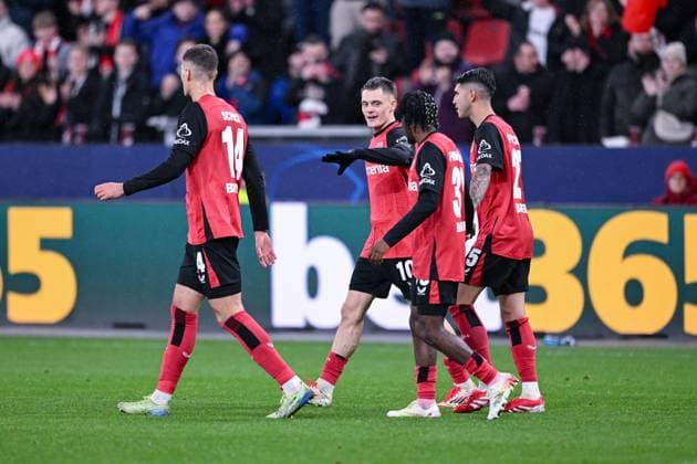 29 01 2025, Football, Champions League, Matchday 8, Season 2024 2025, Bayer 04 Leverkusen Sparta Prague, Florian Wirtz Bayer Leverkusen celebrates the 1-0 goal with Jeremie Frimpong Bayer Leverkusen xRHR PHOTO TKx Copyright: RHR-FOTOx RHR-FOTO TK