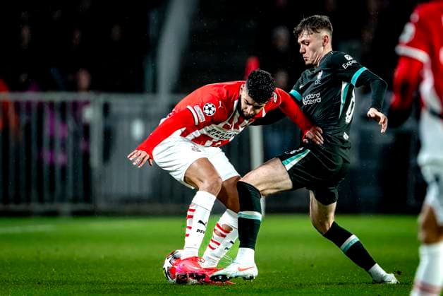 PSV Eindhoven midfielder Ismael saibari, Liverpool FC defender Conor Bradley during the match PSV Liverpool at the Philips stadium for the Champions League phase Matchday 8 season 2024 2025 in EINDHOVEN, Netherlands on 29 january 2025, photo by Marcel van Dorst EYE4images DeFodi Images Defodi 746 211612 Defodi-746