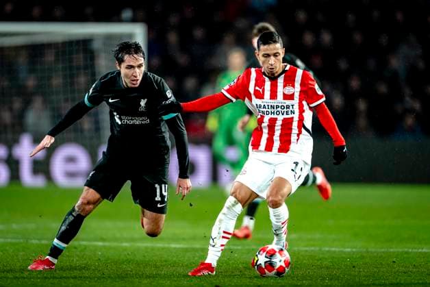 Liverpool FC midfielder Frederico Chiesa, PSV Eindhoven defender Mauro Junior during the match PSV Liverpool at the Philips stadium for the Champions League League phase Matchday 8 season 2024 2025 in EINDHOVEN, Netherlands on 29 january 2025, photo by Marcel van Dorst EYE4images DeFodi Images Defodi 746 211615 Defodi-746