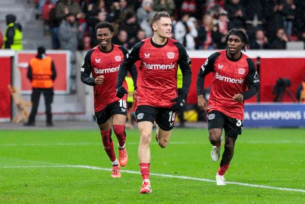 UEFA Champions League, Bayer Leverkusen Sparta Prague, 29 01 2025 Florian Wirtz Bayer 04 Leverkusen, 10 celebrates after his goal to lead 1 0 with Jeremie Frimpong Bayer 04 Leverkusen, 30 and Nathan Tella Bayer 04 Leverkusen, 19 UEFA Champions League, Bayer Leverkusen Sparta Prague, Matchday 8, on 29 01 2025, BayArena, Leverkusen UEFA regulations prohibit any use of photographs as image sequences and or quasi video Copyright: xBEAUTIFULxSPORTS Meuselx