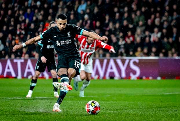 Liverpool FC forwarder Cody Gakpo scores the 0 1 during the match PSV Liverpool at the Philips stadium for the Champions League League phase Matchday 8 season 2024 2025 in EINDHOVEN, Netherlands on 29 january 2025, photo by Marcel van Dorst EYE4images DeFodi Images Defodi 746 211618 Defodi-746