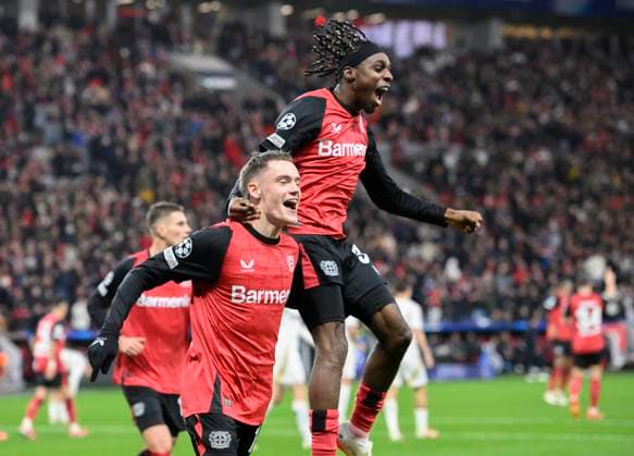 Florian WIRTZ LEV cheers after his goal for 1 0, with Jeremie FRIMPONG r LEV , Football Champions League, Matchday 8, Bayer 04 Leverkusen LEV Sparta Prague, on 29 01 2025 in Leverkusen Germany UEFA regulations prohibit any use of photographs as image sequences and or quasi video Â