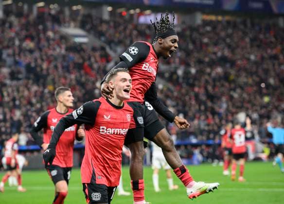 Florian WIRTZ LEV cheers after his goal for 1 0, with Jeremie FRIMPONG r LEV , Football Champions League, Matchday 8, Bayer 04 Leverkusen LEV Sparta Prague, on 29 01 2025 in Leverkusen Germany UEFA regulations prohibit any use of photographs as image sequences and or quasi video Â