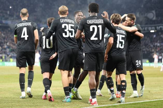 SOCCER - UEFA CL, Sturm vs RB Leipzig KLAGENFURT,AUSTRIA,29.JAN.25 - SOCCER - UEFA Champions League, SK Sturm Graz vs RasenBallsport Leipzig. Image shows the rejoicing of Sturm.  GEPAxpictures xChrisxBauer
