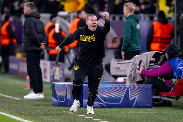 29 01 2025, Borussia Dortmund Shakhtar Donetsk, UEFA Champions League, Matchday 8 Dortmund coach Mike Tullberg celebrates after the or to 2 0 IMPORTANT NOTE In accordance with UEFA regulations, it is prohibited to use or have used photographs taken in the stadium and or of the match in the form of sequential images and or video-like photo series Copyright: xDavidxInderliedx