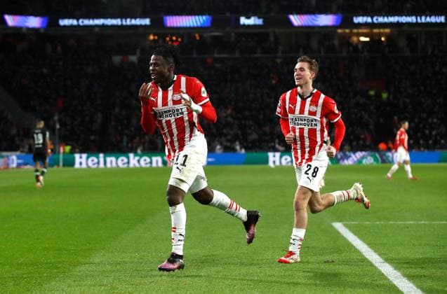 Johan Bakayoko of PSV Eindhoven celebrates scoring a goal to make the score 1-1 PSV Eindhoven v Liverpool, UEFA Champions League, Group Stage, Football, Philips Stadion, Eindhoven, Netherlands - 29 Jan 2025 EDITORIAL USE ONLY No use with unauthorised audio, video, data, fixture lists, club league logos or live services. Online in-match use limited to 120 images, no video emulation. No use in betting, games or single club league player publications. Copyright: xBartxStoutjesdijk Shutterstockx 15122172ak