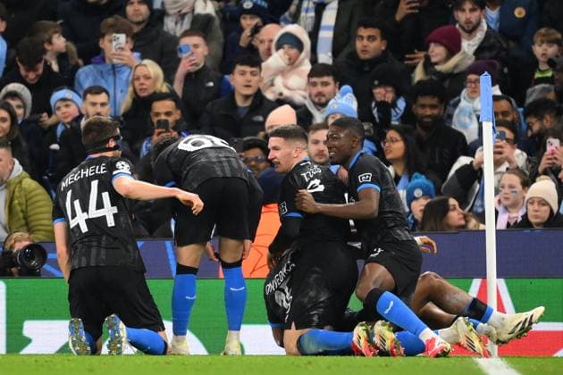 Manchester City v Club Brugge - UEFA Champions League MANCHESTER, ENGLAND - JANUARY 29 : Onyedika Raphael midfielder of Club Brugge celebrates scoring a goal during the UEFA Champions League 2024 25 League Phase MD8 match between Manchester City and Club Brugge on January 29, 2025 in Manchester, England, 29 01 2025 Manchester England  Copyright: xTomasxSiskx