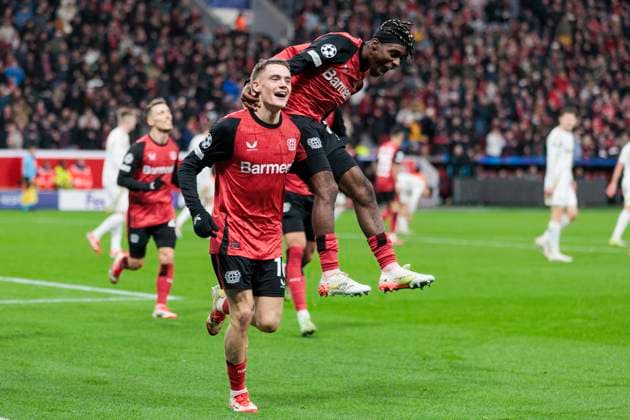 UEFA Champions League, Bayer Leverkusen Sparta Prague, 29 01 2025 Florian Wirtz Bayer 04 Leverkusen, 10 celebrates with Jeremie Frimpong Bayer 04 Leverkusen, 30 after his goal to lead 1 0 UEFA Champions League, Bayer Leverkusen Sparta Prague, Matchday 8, on 29 01 2025, BayArena, Leverkusen UEFA regulations prohibit any use of photographs as image sequences and or quasi video Copyright: xBEAUTIFULxSPORTS Meuselx