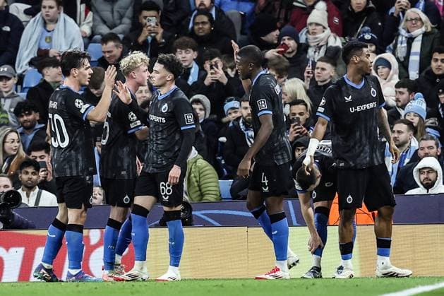 Club s Raphael Onyedika celebrates after scoring during a soccer game between English Manchester City and Belgian Club Brugge KV, Wednesday 29 January 2025 in Manchester, United Kingdom, on the eight day (out of 8) of the UEFA Champions League league phase. BRUNOxFAHY  x111416087x