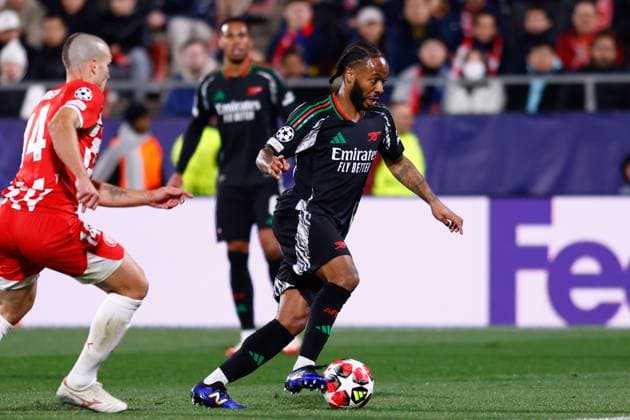 January 29, 2025, Girona, Madrid, SPAIN: Raheem Sterling of Arsenal FC in action during the UEFA Champions League 2024 25 League Phase MD8 match between Girona FC and Arsenal FC at Estadio de Montilivi on January 29, 2025, in Girona, Spain. Girona SPAIN - ZUMAa181 20250129_zaa_a181_038 Copyright: xDennisxAgyemanx