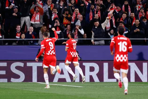 January 29, 2025, Girona, Madrid, SPAIN: Arnaut Danjuma of Girona FC celebrates a goal during the UEFA Champions League 2024 25 League Phase MD8 match between Girona FC and Arsenal FC at Estadio de Montilivi on January 29, 2025, in Girona, Spain. Girona SPAIN - ZUMAa181 20250129_zaa_a181_040 Copyright: xDennisxAgyemanx