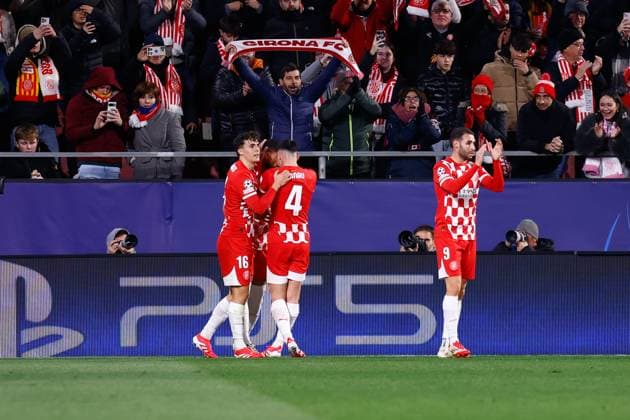 January 29, 2025, Girona, Madrid, SPAIN: Arnaut Danjuma of Girona FC celebrates a goal with teammates during the UEFA Champions League 2024 25 League Phase MD8 match between Girona FC and Arsenal FC at Estadio de Montilivi on January 29, 2025, in Girona, Spain. Girona SPAIN - ZUMAa181 20250129_zaa_a181_044 Copyright: xDennisxAgyemanx