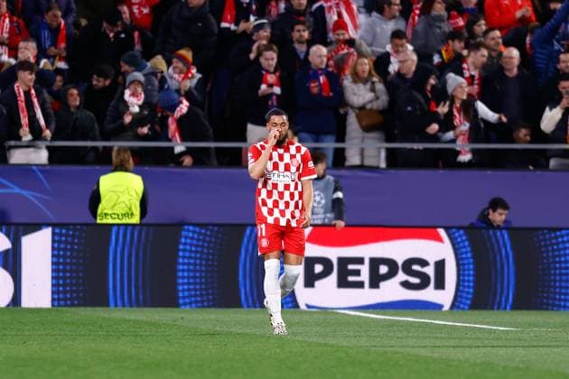 January 29, 2025, Girona, Madrid, SPAIN: Arnaut Danjuma of Girona FC celebrates a goal during the UEFA Champions League 2024 25 League Phase MD8 match between Girona FC and Arsenal FC at Estadio de Montilivi on January 29, 2025, in Girona, Spain. Girona SPAIN - ZUMAa181 20250129_zaa_a181_047 Copyright: xDennisxAgyemanx