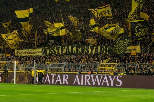 A banner Welcome to the Westfalenstadion Dprtmund hangs on the grandstand of the Signal Iduna Park, GER BVB Borussia Dortmund 09 vs Shakhtar Donetsk, Football, Champions League, Matchday 8, Season 2024 2025, 29 01 2025 GER BVB Borussia Dortmund 09 vs Shakhtar Donetsk, Football, Champions League, Matchday 8, Season 2024 2025, 29 01 2025 Dortmund Copyright: xEibner-Pressefoto FabianxFriesex EP_FFE