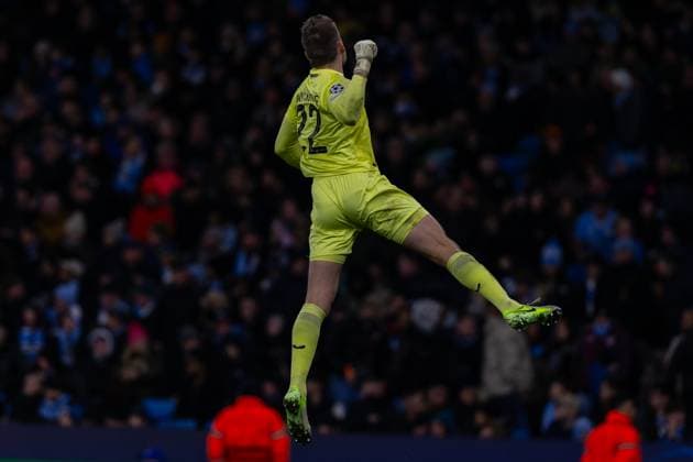 Simon Mignolet of Club Brugge celebrates during the UEFA Champions League match between Manchester City and Club Brugge at the Etihad Stadium, Manchester, England on 29 January 2025.  Copyright: xThomasxGaddx PMI-6684-0010