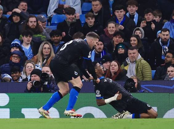 Raphael Onyedika of Club Brugge celebrates scoring the opening goal Manchester City v Club Brugge, UEFA Champions League, Group Stage, Football, Etihad Stadium, Manchester, UK - 29 Jan 2025 EDITORIAL USE ONLY No use with unauthorised audio, video, data, fixture lists, club league logos or live services. Online in-match use limited to 120 images, no video emulation. No use in betting, games or single club league player publications. Copyright: xMattxWest Shutterstockx 15122170ag