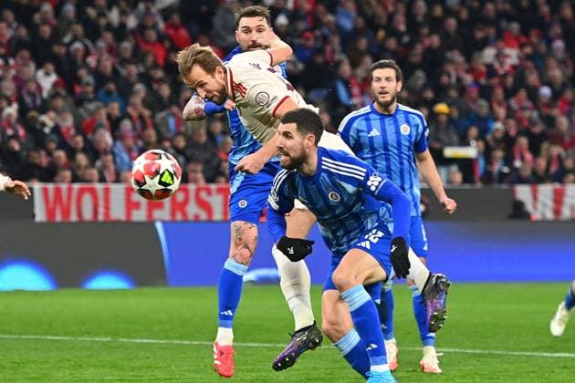 Harry KANE Bayern Muenchen , action,duel against Kenan BAJRIC Bratislava ,penalty area scene football Champions League league phase, FC Bayern Muenchen SK Slovan Bratislava on 29 01 2025 , A L L I A N Z A R E N A