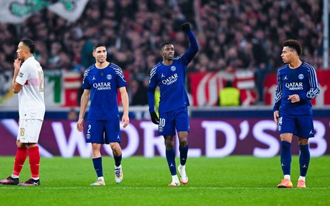 Ousmane Dembele Paris Saint Germain celebrates his second goal with Achraf Hakimi Paris Saint Germain during the UEFA Champions League 2024 25 League Phase MD8 match between VfB Stuttgart and Paris Saint Germain at MHPArena on January 29, 2025 in Stuttgart, Germany Photo by Silas Schueller DeFodi Images Defodi 738 738 VFBPSG 20250129 174 Defodi-738