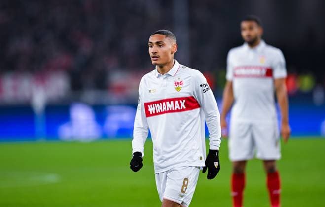 Enzo Millot VfB Stuttgart looks on during the UEFA Champions League 2024 25 League Phase MD8 match between VfB Stuttgart and Paris Saint Germain at MHPArena on January 29, 2025 in Stuttgart, Germany Photo by Silas Schueller DeFodi Images Defodi 738 738 VFBPSG 20250129 182 Defodi-738