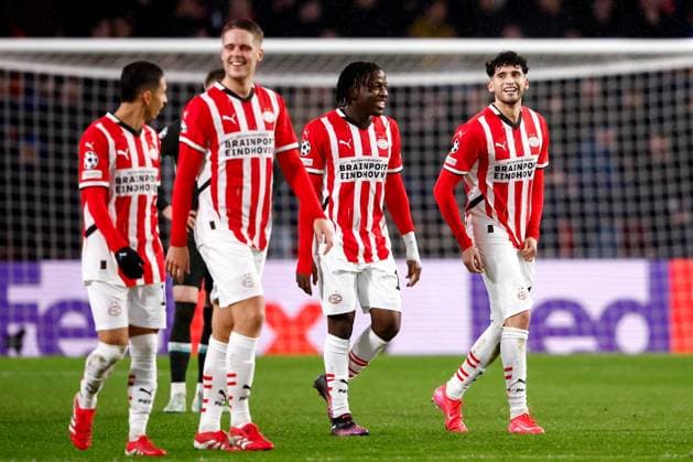 2025-01-29 PSV Eindhoven v Liverpool FC - UEFA Champions League 2024 25 League Phase MD8 EINDHOVEN, NETHERLANDS - JANUARY 29: Ricardo Pepi of PSV celebrates after scoring his teams third goal, Johan Bakayoko of PSV during the UEFA Champions League 2024 25 League Phase MD8 match between PSV Eindhoven and Liverpool FC at PSV Stadion on January 29, 2025 in Eindhoven, Netherlands. Eindhoven PSV Stadion Netherlands Content not available for redistribution in The Netherlands directly or indirectly through any third parties. Copyright: xBroerxvanxdenxBoomx