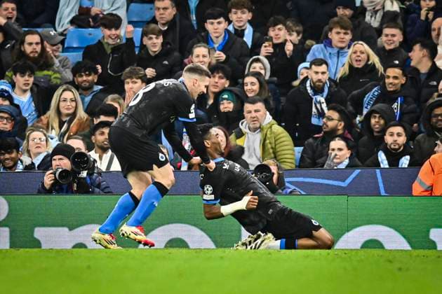 29th January 2025; Etihad Stadium, Manchester, England; UEFA Champions League Football, Manchester City versus Club Brugge; Raphael Onyedika of Club Brugge celebrates scoring in the 45th minute for 0-1  ActionPlus12745084 GodfreyxPitt