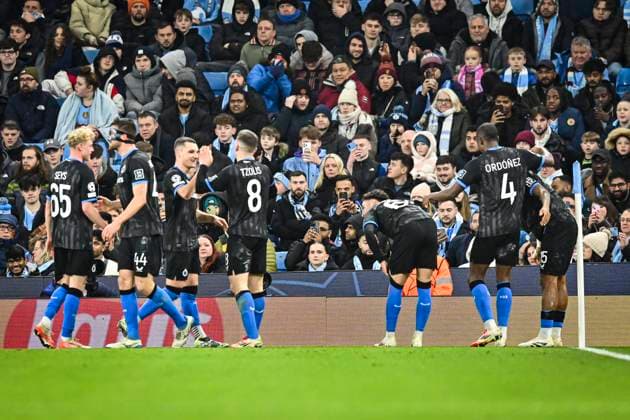29th January 2025; Etihad Stadium, Manchester, England; UEFA Champions League Football, Manchester City versus Club Brugge; Raphael Onyedika of Club Brugge celebrates scoring in the 45th minute for 0-1  ActionPlus12745088 GodfreyxPitt