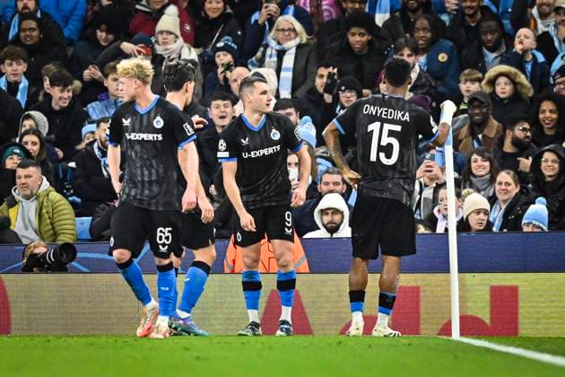 29th January 2025; Etihad Stadium, Manchester, England; UEFA Champions League Football, Manchester City versus Club Brugge; Raphael Onyedika of Club Brugge celebrates scoring in the 45th minute for 0-1  ActionPlus12745089 GodfreyxPitt