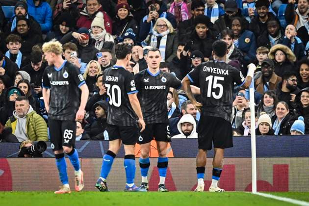 29th January 2025; Etihad Stadium, Manchester, England; UEFA Champions League Football, Manchester City versus Club Brugge; Raphael Onyedika of Club Brugge celebrates scoring in the 45th minute for 0-1  ActionPlus12745090 GodfreyxPitt