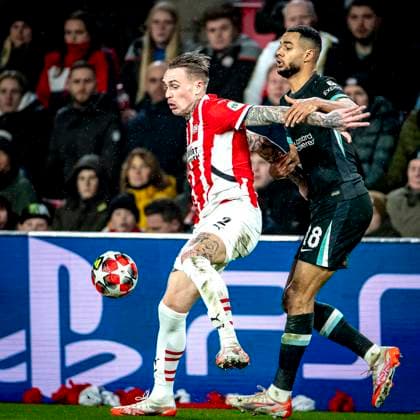 PSV Eindhoven defender Rick Karsdorp , Liverpool FC forwarder Cody Gakpo during the match PSV Liverpool at the Philips stadium for the Champions League League phase Matchday 8 season 2024 2025 in EINDHOVEN, Netherlands on 29 january 2025, photo by Marcel van Dorst EYE4images DeFodi Images Defodi 746 211644 Defodi-746