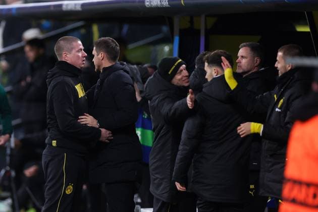 29 01 2025, UEFA Champions League, Matchday 8, Borussia Dortmund Shakhtar Donetsk, f l Coach Mike Tullberg Borussia Dortmund , Sports Director Sebastian Kehl Borussia Dortmund celebrate the goal for 2 0, Dortmund Signal Iduna Park NRW Germany xRHR PHOTO DEx Copyright: DennisxEwert RHR-FOTOx RHR-FOTO DE