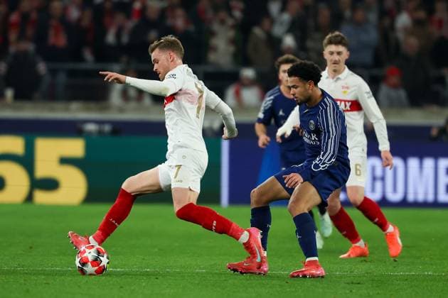 Stuttgart 29 January 2025 Uefa Champions League phase 2024 25 Matchday 8, VFB Stuttgart Paris Saint Germain v l , Maximilian Mittelstaedt VFB Stuttgart , Warren Zaire Emery Paris Saint Germain Duel, Action, Action, Battles for the Ball Copyright: JoaquimxFerreira