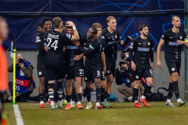 SOCCER - UEFA CL, Sturm vs RB Leipzig KLAGENFURT,AUSTRIA,29.JAN.25 - SOCCER - UEFA Champions League, SK Sturm Graz vs RasenBallsport Leipzig. Image shows the rejoicing of SK Sturm Graz.  GEPAxpictures xMatthiasxTrinkl