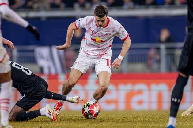 SOCCER - UEFA CL, Sturm vs RB Leipzig KLAGENFURT,AUSTRIA,29.JAN.25 - SOCCER - UEFA Champions League, SK Sturm Graz vs RasenBallsport Leipzig. Image shows Christoph Baumgartner (RB Leipzig).  GEPAxpictures xMatthiasxTrinkl
