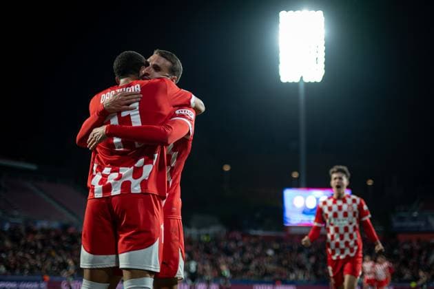 Arnaut Danjuma Girona FC and Abel Ruiz Girona FC celebrates during a UEFA Champions League match between Girona FC and Arsenal FC at Estadi Municipal de Montilivi in Girona, Girona, Spain, on January 29 2025 Photo by Felipe Mondino Copyright: x@FELIPExMONDINOx