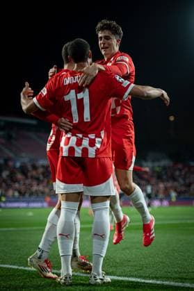 Arnaut Danjuma Girona FC celebrates after scoring his team s goal with team mates during a UEFA Champions League match between Girona FC and Arsenal FC at Estadi Municipal de Montilivi in Girona, Girona, Spain, on January 29 2025 Photo by Felipe Mondino Copyright: x@FELIPExMONDINOx