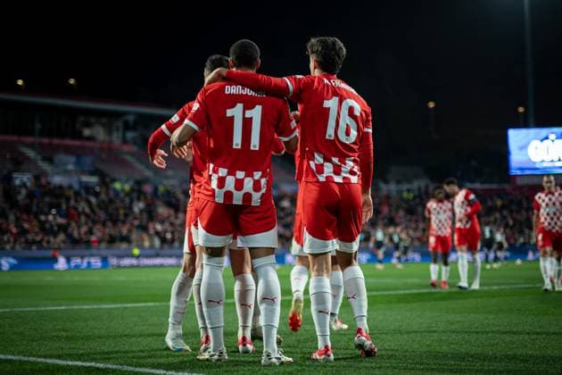 Arnaut Danjuma Girona FC celebrates after scoring his team s goal with team mates during a UEFA Champions League match between Girona FC and Arsenal FC at Estadi Municipal de Montilivi in Girona, Girona, Spain, on January 29 2025 Photo by Felipe Mondino Copyright: x@FELIPExMONDINOx